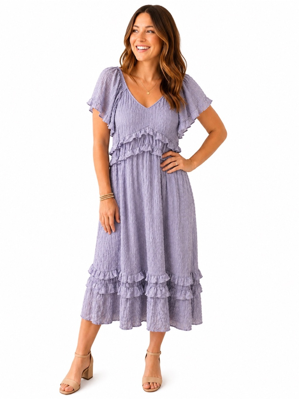 &merci Smocked Ruffle Midi Dress in Dusty Lavender
